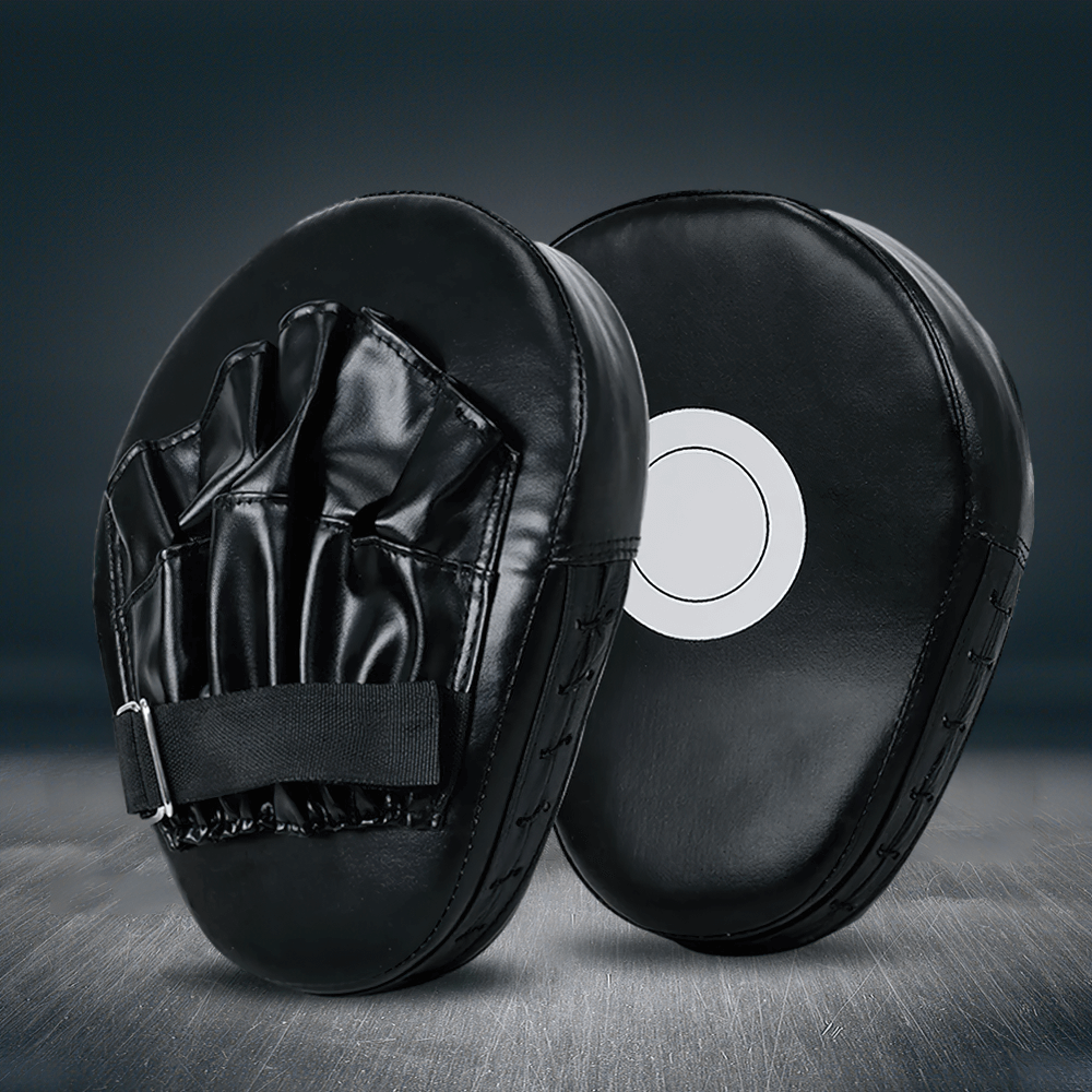 Black PU leather boxing focus mitt with target print, curved for precision, ideal for kickboxing and Muay Thai, unisex design.